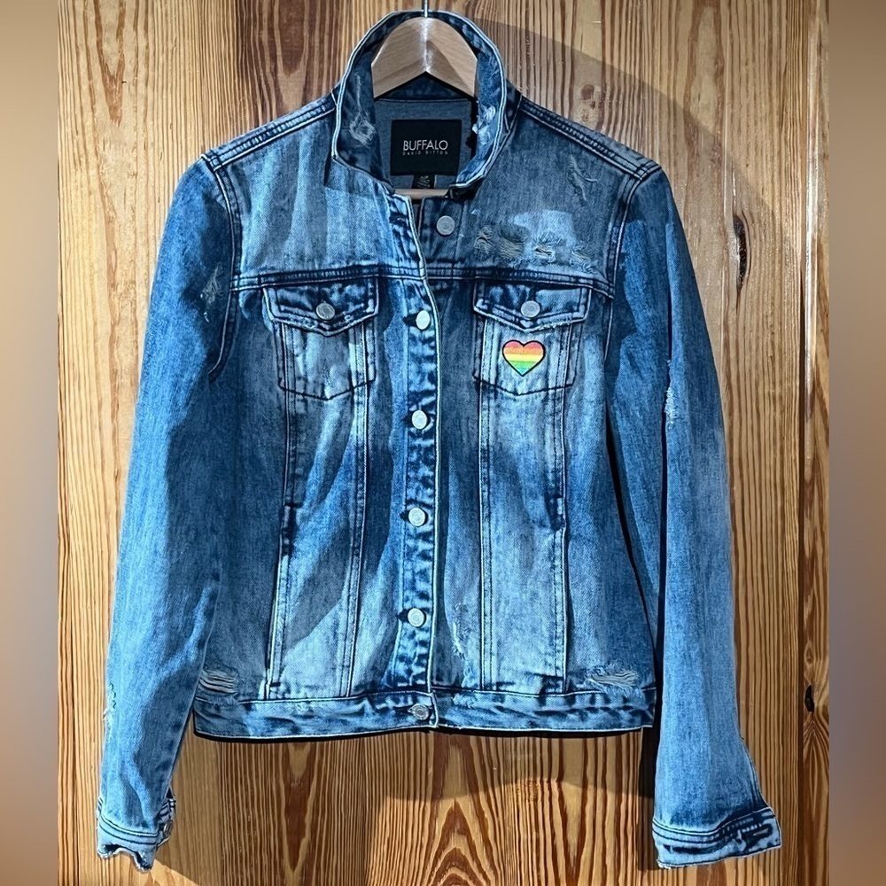 Buffalo David Bitton Distressed Denim Trucker Jacket Upcycled Rainbow Heart
